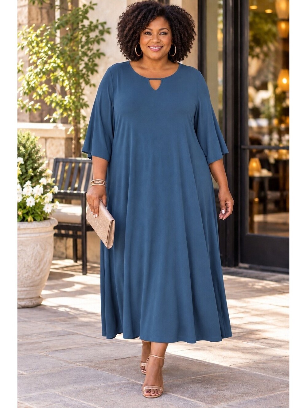 Catherines 2XWP Teal Blue Keyhole Flowy Maxi Dress Pockets
